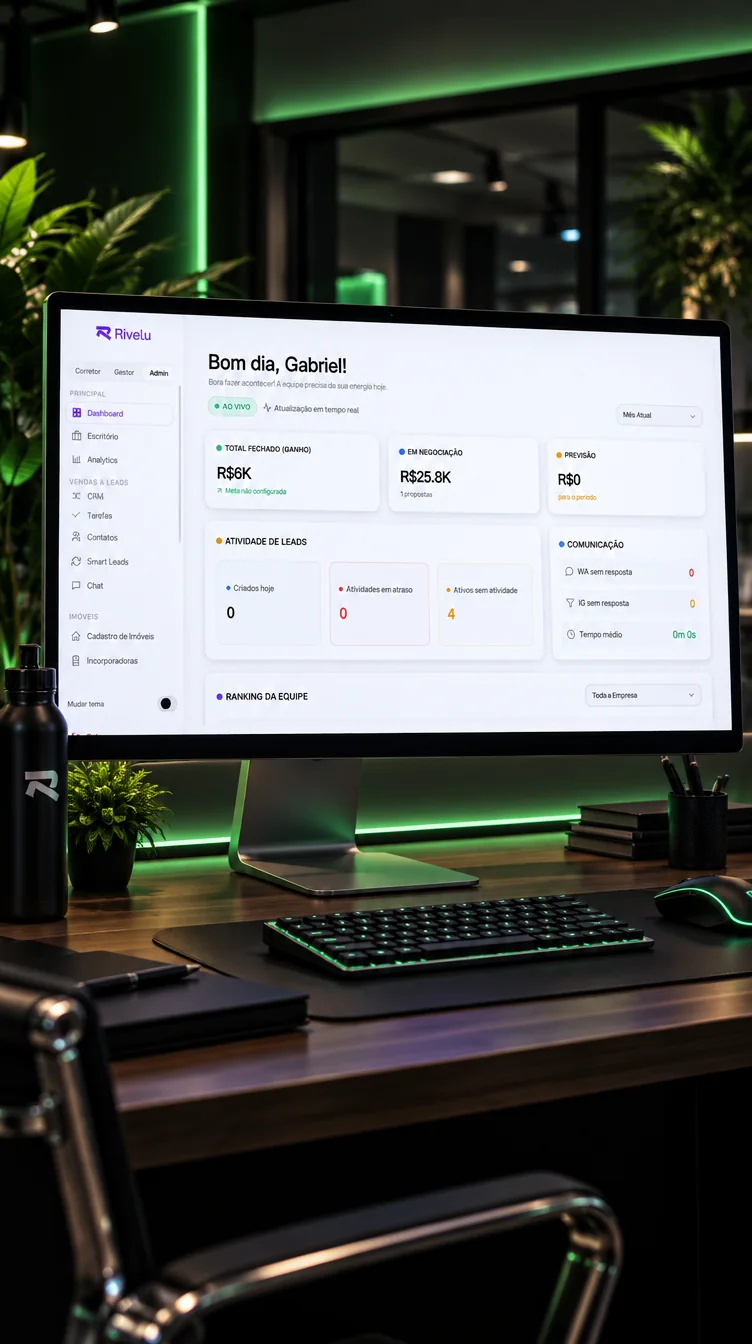 Painel de CRM aberto em um monitor, com números de vendas e de leads