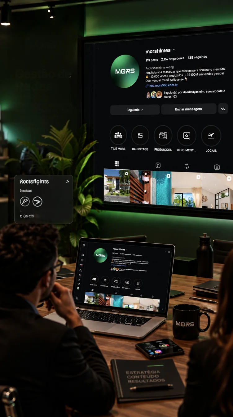 Equipe analisando o perfil do Instagram da MORS em uma televisão e em um notebook
