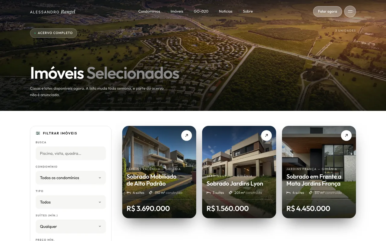 Página imóveis do site Alessandro Rangel